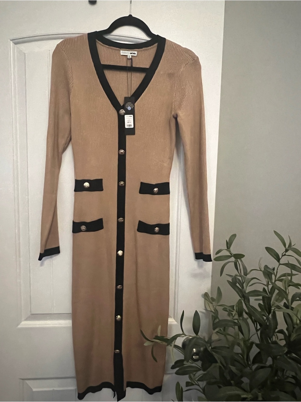 Fashion Nova Tan Long Sleeve Ribbed Button-Front Sweater Dress with Black Trim